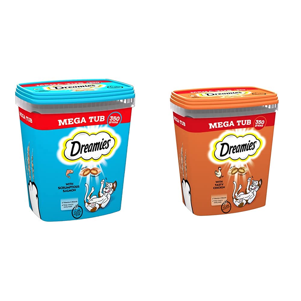 Dreamies Cat Treats, Tasty Snacks with Delicious Salmon, 2 Tubs of 350 g & Cat Treats, Tasty Snacks with Delicious Cheese, 2 Tubs of 350 g