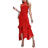 Aisbei Women's Elegant Bodycon Maxi Dress Mock Neck Sleeveless Mesh Ruffle Dress Party Cocktail Formal Wedding Guest Dresses