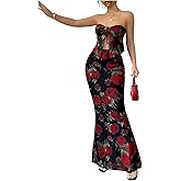 GORGLITTER Women's 2 Piece Skirt Sets Floral Mesh Strapless Tie Front Tops and Bodycon Long Maxi Skirt Summer Outfits