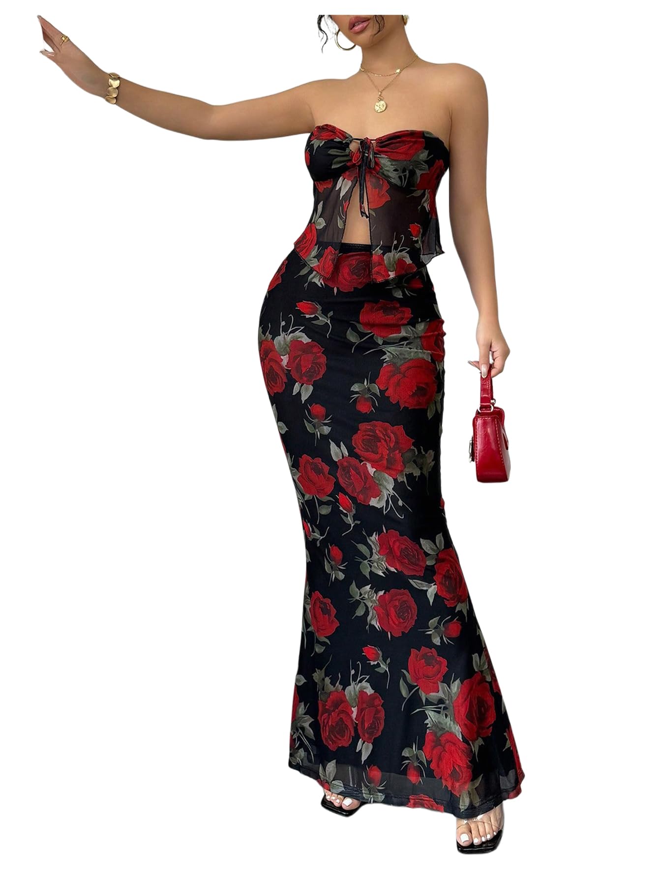 Photo 1 of *** MISSING SKIRT***   GORGLITTER Women's 2 Piece Skirt Sets Floral Mesh Strapless Tie Front Tops and Bodycon Long Maxi Skirt Summer Outfits Black Small