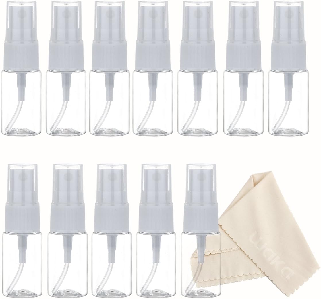 12 Pack 0.35oz/10ml Empty Small Spray Bottle, Clear Plastic Fine Mist Mini Spray Bottle for Travel, Cleaning, Essential Oils, Perfume + Microfiber Cleaning Cloth