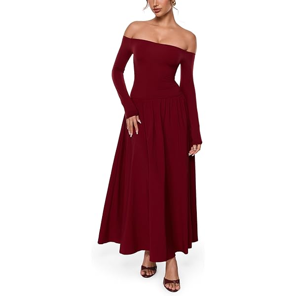Amoretu Ladies Casua Long Sleeve Dresses Off Shoulder Maxi Dress Casual  Outfits Brown S at Amazon Women's Clothing store
