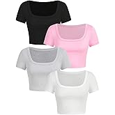 OYOANGLE Girl's 4 Pack Short Sleeve T Shirt Square Neck Basic Fitted Crop Tee Tops