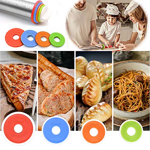 Rolling Pin,Roller for Baking with Silicon Baking Pastry Mat and Adjustable Tickness Rings, Non-Stick Mat with Measurements,Stainless Steel Rolling Pin 17 Inches for Pasta, Cookies, Pie, Pizza Dough