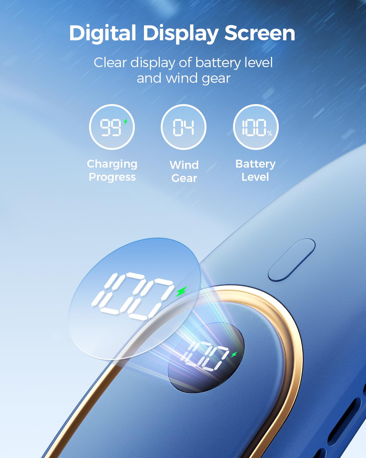 SHEWIND Portable Neck Fan - Hands Free Personal Fan, Rechargeable Bladeless Fan with 5000mAh-Battery, Digital Display, 4 Speeds, Birthday Gifts for Men, Women, Mom, and Dad - Blue