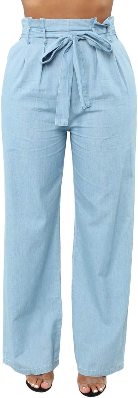 Feditch Women's Stylish Destoryed Flare Jeans Elastic Waist Bell Bottom Frayed Hem Holes Denim Pants
