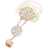 Rosemarie & Jubalee Women's Unique Circular Design Crystal Rhinestone And Simulated Pearl Stretch Bracelet Ring Bridal Hand Chain