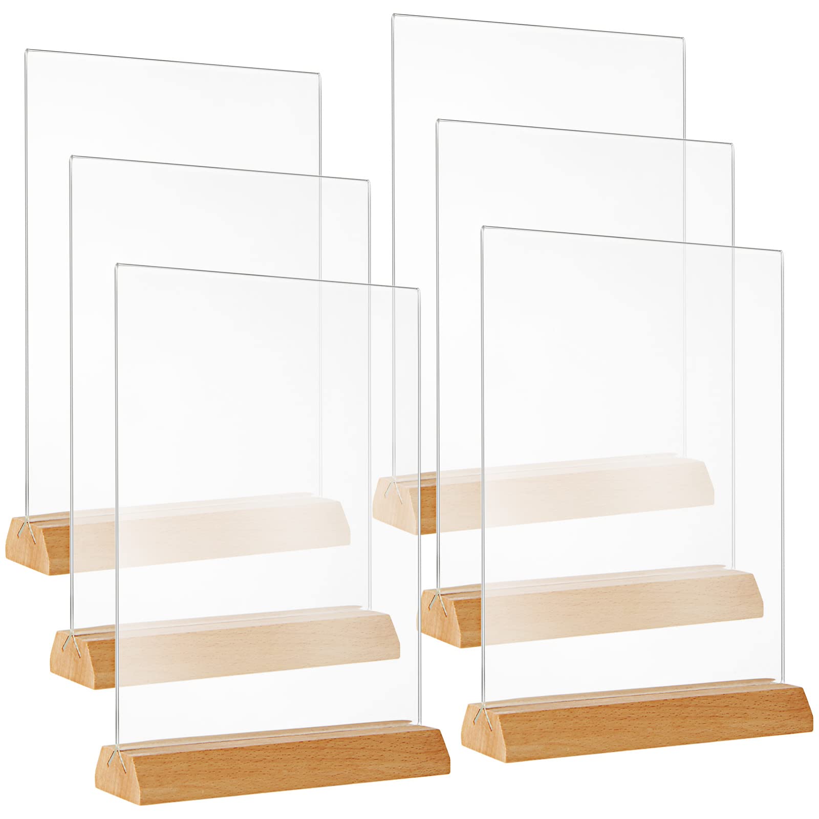 MIVIDE 6PCS A5 Acrylic Sign Holder, A5 Acrylic Double Sided Display Stand with Wood Base, T-Shape Perspex A5 Menu Stand Sign Holder for Tables, Poster, Wedding Restaurant