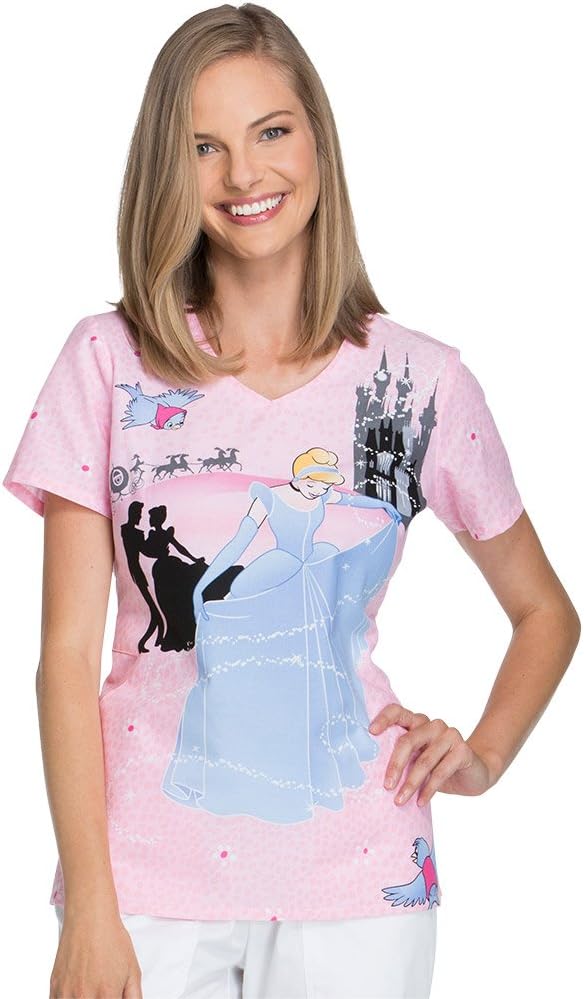 Tooniforms By Cherokee Women's V-Neck Cinderella Print Scrub Top Medium Print