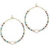 BXDA Seed Beaded Pearl Gold Hoop Earrings for Women, Boho Handmade Statement Colorful Beads Circle Earing Summer Beach Jewelry Gift.