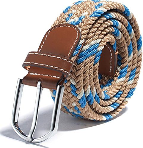 RevoLity Mens Multicolor Elastic Fabric Woven Braided Stretch Webbed Belt with PU Leather Buckle Length 105cm Colour (Beige)