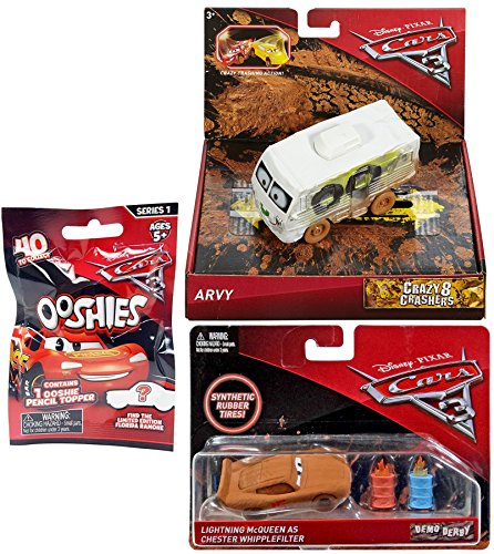 Go Cars 3 Derby Playset Pixar Disney Cars Demo Lightning McQueen as Chester Whipplefilter Diecast Car & Arvy Crazy 8 Crasher + OOshies Blind bag mini racers Mystery cars Pencil Toppers