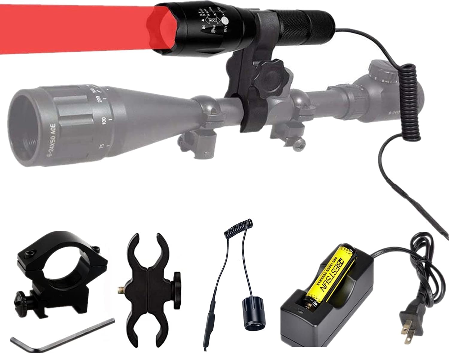 BESTSUN Red LED Hunting Torch,350 Yards Long Range Tactical Red Torches 10000 Lumens Handheld Lamp with Scope & Rail Mount, Pressure Switch Waterproof Zoomable Torch for Coyote, Hog, Fox, Predator