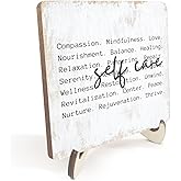 Inspirational Self Care Wood Sign for Women Men Rustic Motivational Desk Decor Decorative Strength Mental Health Decorations for Bathroom Home Office Accessories Table Wooden Plaque with Wood Stand