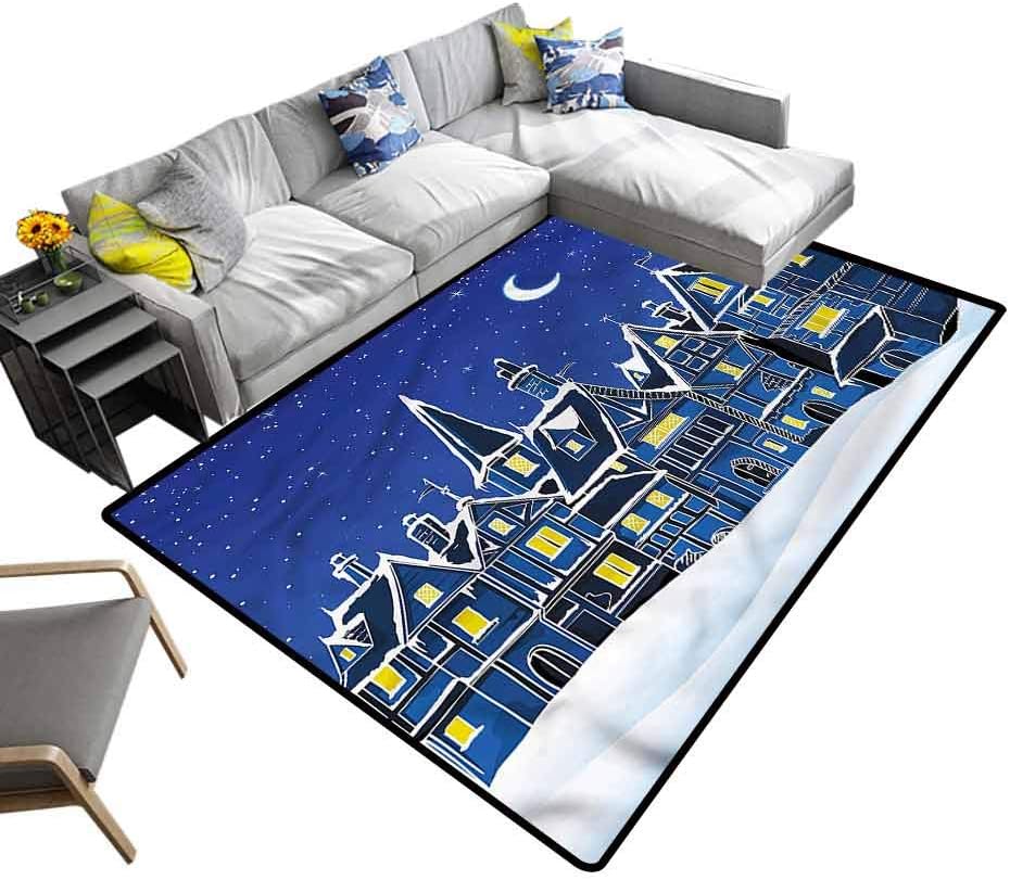 Xmas, Carpet Floor Mat Town in Snow Wintertime Contemporary Indoor Area Rugs Hypoallergenic, Washable and Nonslip, 7'x 7'