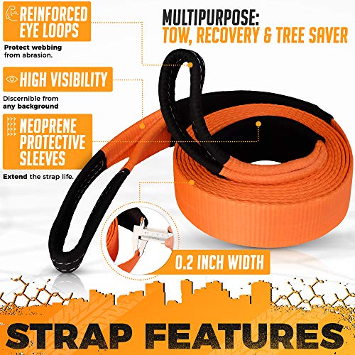 Vehiclex Recovery Tow Strap 3" x 20' - 33000lbs - Heavy Duty Off-Road Snatch Strap, High Visibility Industrial Webbing, Reinforced Loops, Protective Sleeves - Truck Towing Accessory, Bonus Storage Bag