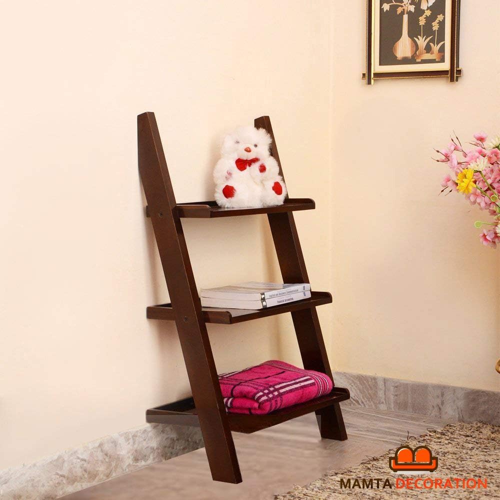 Wooden Brown Ladder Shape 3 Tier Designer Book Shelf Wall Rack Shelf by Mamta Decoration