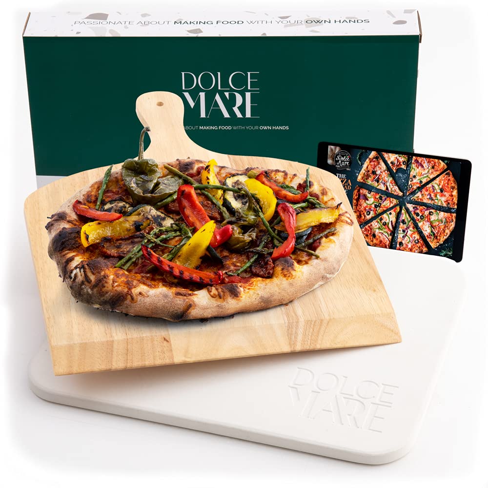 Dolce MARE White Pizza Stone - Pizza Stone Made of high-Quality Cordierite for The Oven & Grill - Baking Stone for Crispy Pizza just Like at The Italian Restaurant - Incl. Pizza Slider