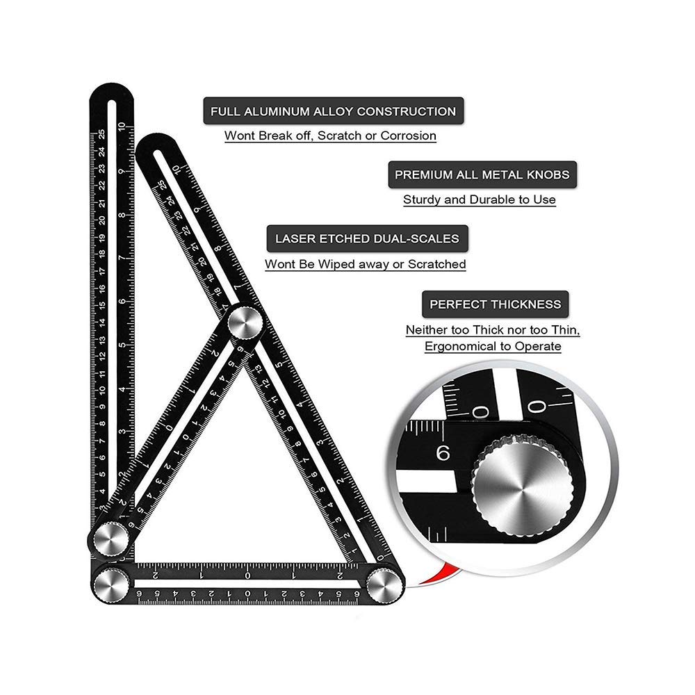 Multi-function Ruler, KeepTpeeK Angle Ruler Metal Angleizer Template Tool Full Metal Measuring Rules Layout Tool for Handymen Builders DIY Carpenters Craftsmen (10in+5in)