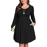 AusLook Women's Plus Size Long Sleeve Midi Dress Casual Empire Waist Loose Flowy Dresses A-Line Boho Long Dress with Pockets