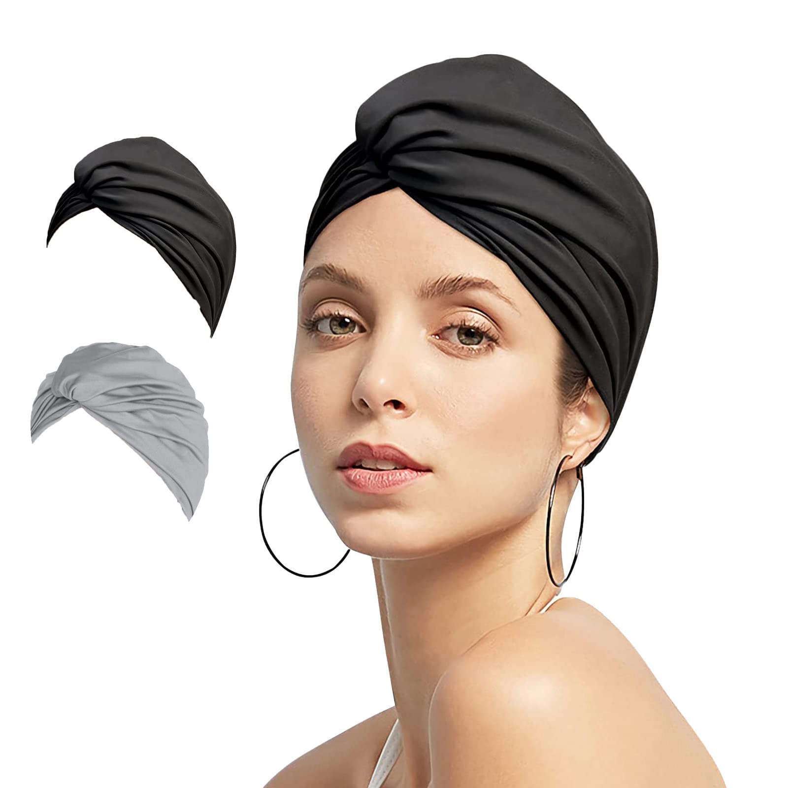 2pcs Women Turban Style Swimming Cap Pleated Fabric Swim Pool Beach Surfing Bathing Shower Cap Elastic Ears Protection Soft Cross Beanie Headwear Chemo Night Sleep Hat Solid Color For Long Short Hair