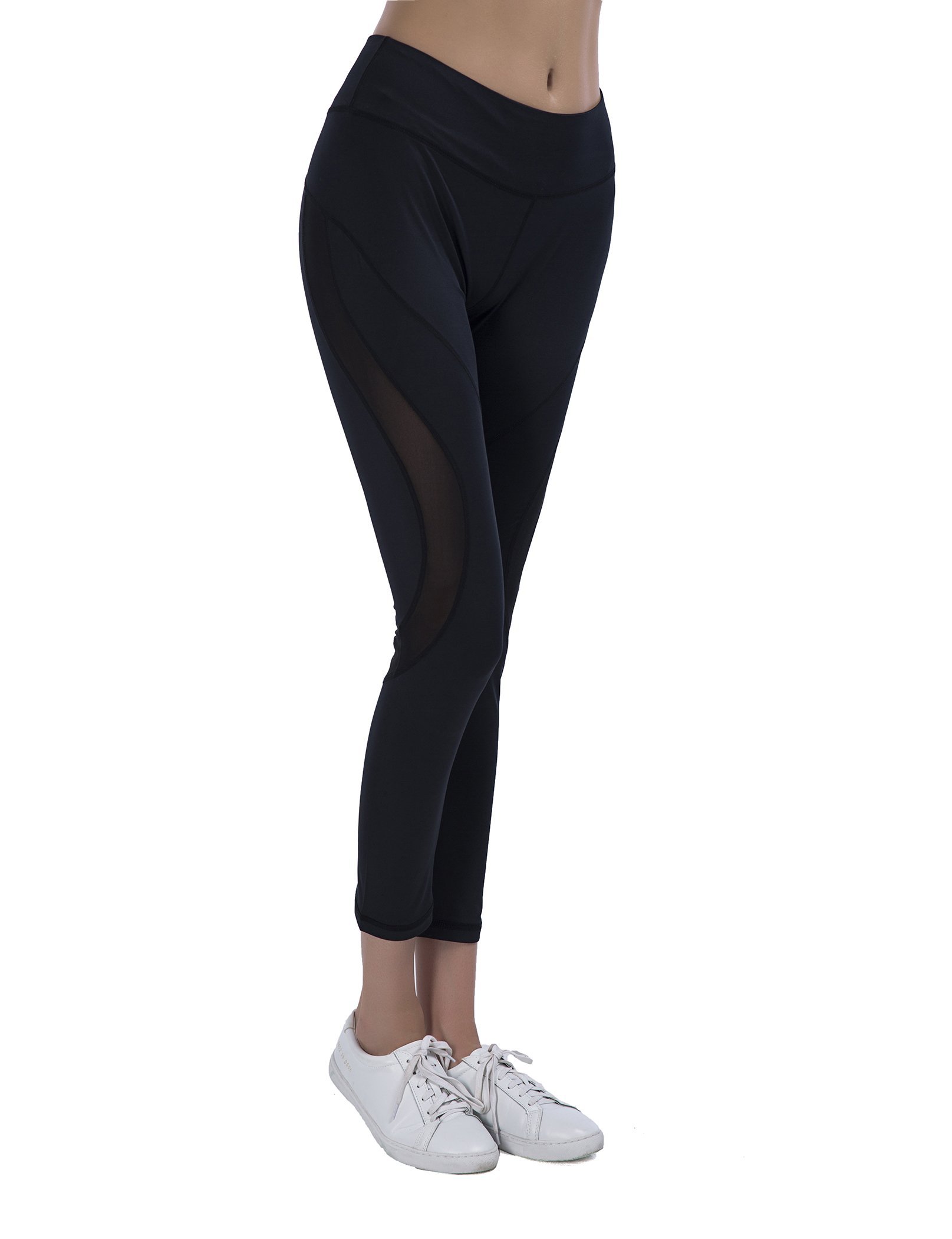 SPECIAL MAGIC Women\'s Mid Waist Side Mesh Ankle Length Workout Leggings Yoga Pants For Summer Black S
