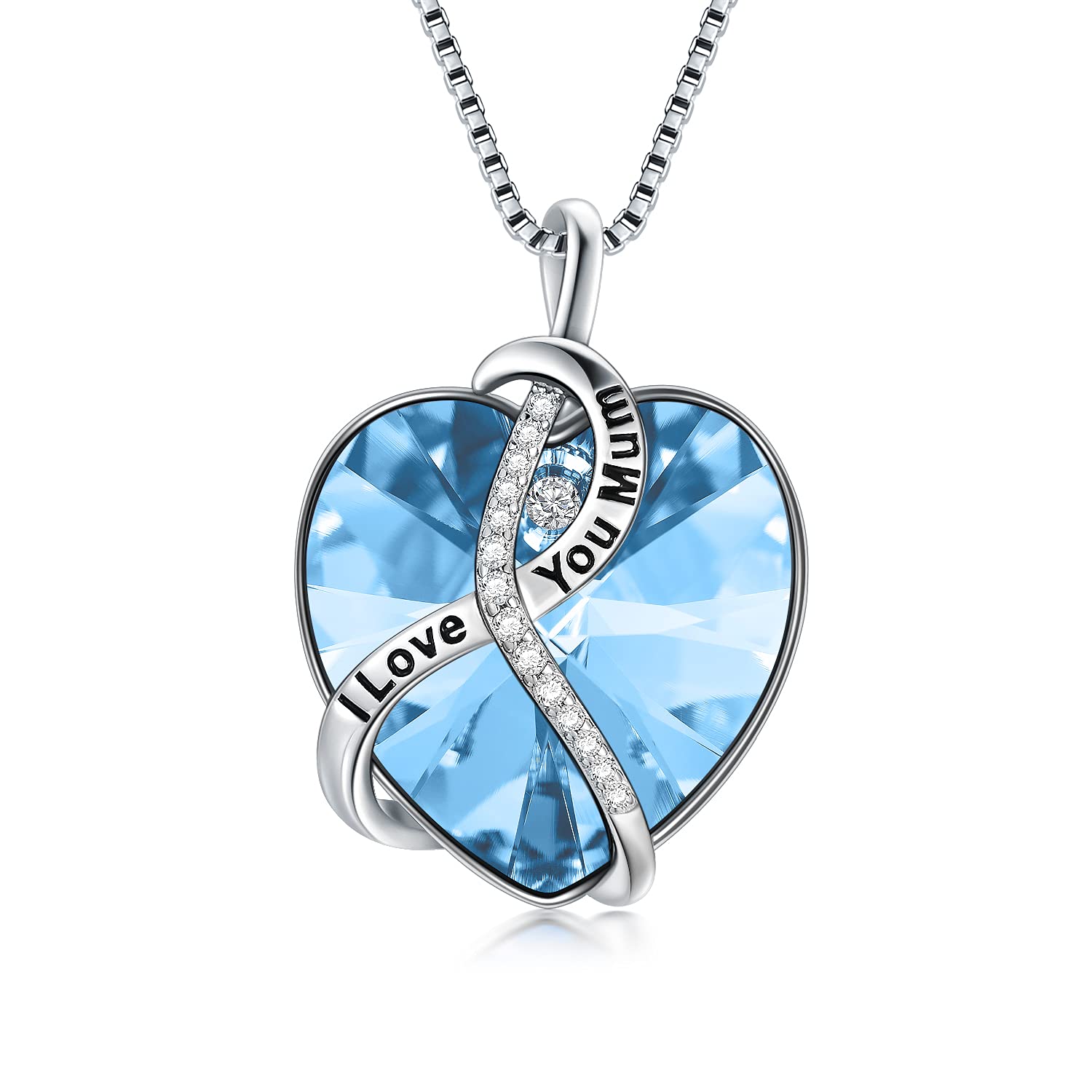 AOBOCO Gifts for Mum Necklaces Mother Birthday Jewellery Gifts Sterling Silver I Love You Mum Heart Necklace (Simulated Aquamarine) — image 1