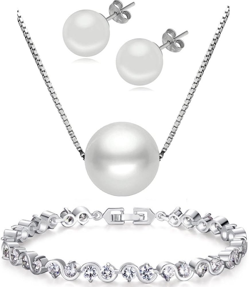 Kim Johanson ladies jewellery set "Julia" made of 925 sterling silver and a stainless steel necklace with pendant, earrings and bracelet with cubic zirconia stones and pearls