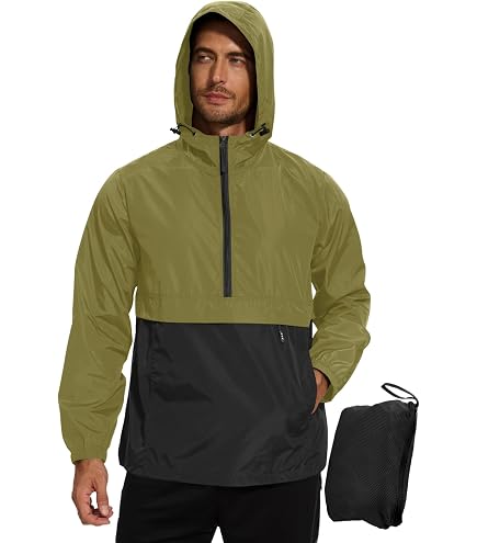 Uillui Men's Anorak Pullover Quarter-Zip Hooded Jacket Waterproof