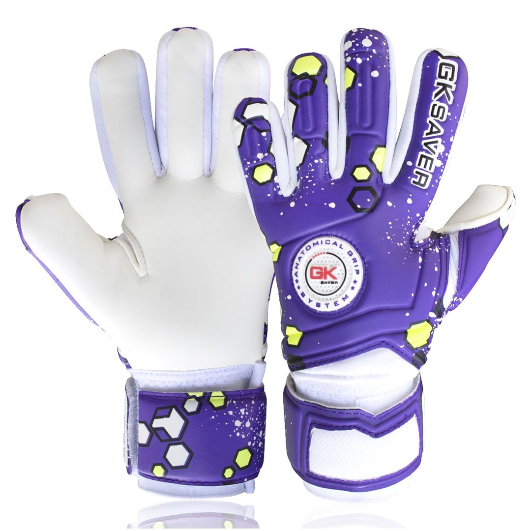 GK Saver Football Goalkeeper Gloves – Kids & Youth Soccer Goalie Gloves with Anti-Slip Latex Palm & Removable Finger Save Protection Sizes 6-11 (Champ Purple, 6)