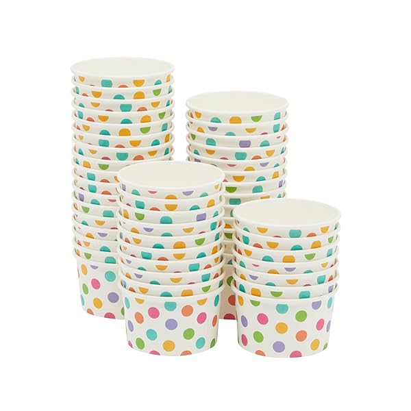 BLUE PANDA PAPER ICE CREAM CUPS – 50 COUNT, RAINBOW POLKA – DISPOSABLE FOR SUNDAES & SNACKS – ICE CREAM BOWLS – PARTY SNACK CUPS