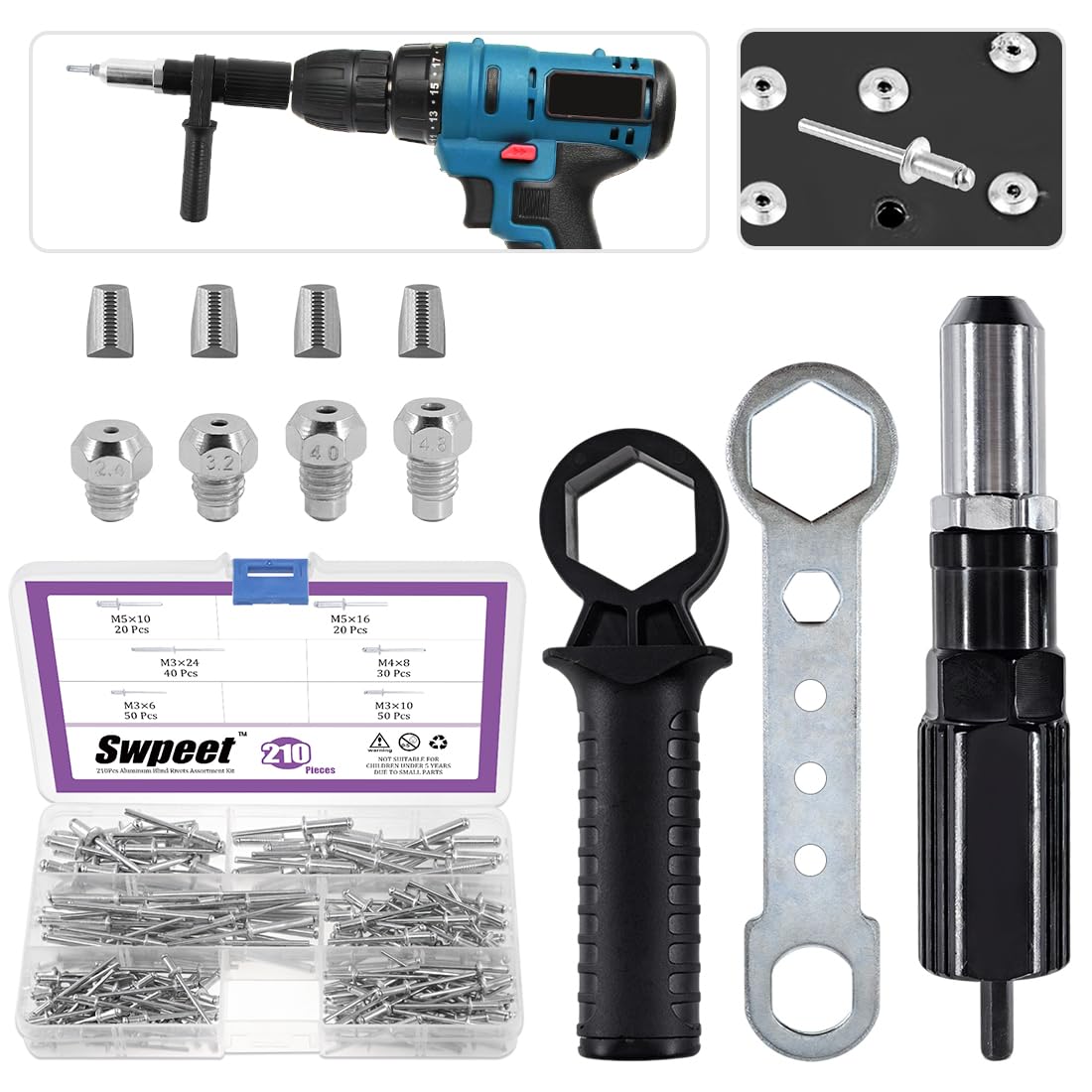 Swpeet 211Pcs Black Alloy Steel Electric Rivet Gun Adapter Kit, Including 2.4/3.2/4.0/4.8mm Diameter Rivet Head and Handle Wrench with 500Pcs Aluminum Blind Rivet Kit