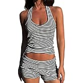 ROAONOCOMO Women Y2k Striped Shorts Set Sleeveless Backless Cami Top Polka Dot Mini Shorts Outfit Fitted 2 Piece Lounge Set