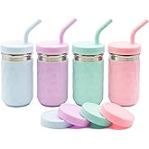 WeeSprout 2-in-1 Drinking Cups for Kids, Durable Stainless Steel Tumbler for Smoothies, Silicone Straws with Stoppers, Premium Plastic Twist Lids, Easy-Grip Sleeves, Set of 4 Dishwasher Safe Kid Cups