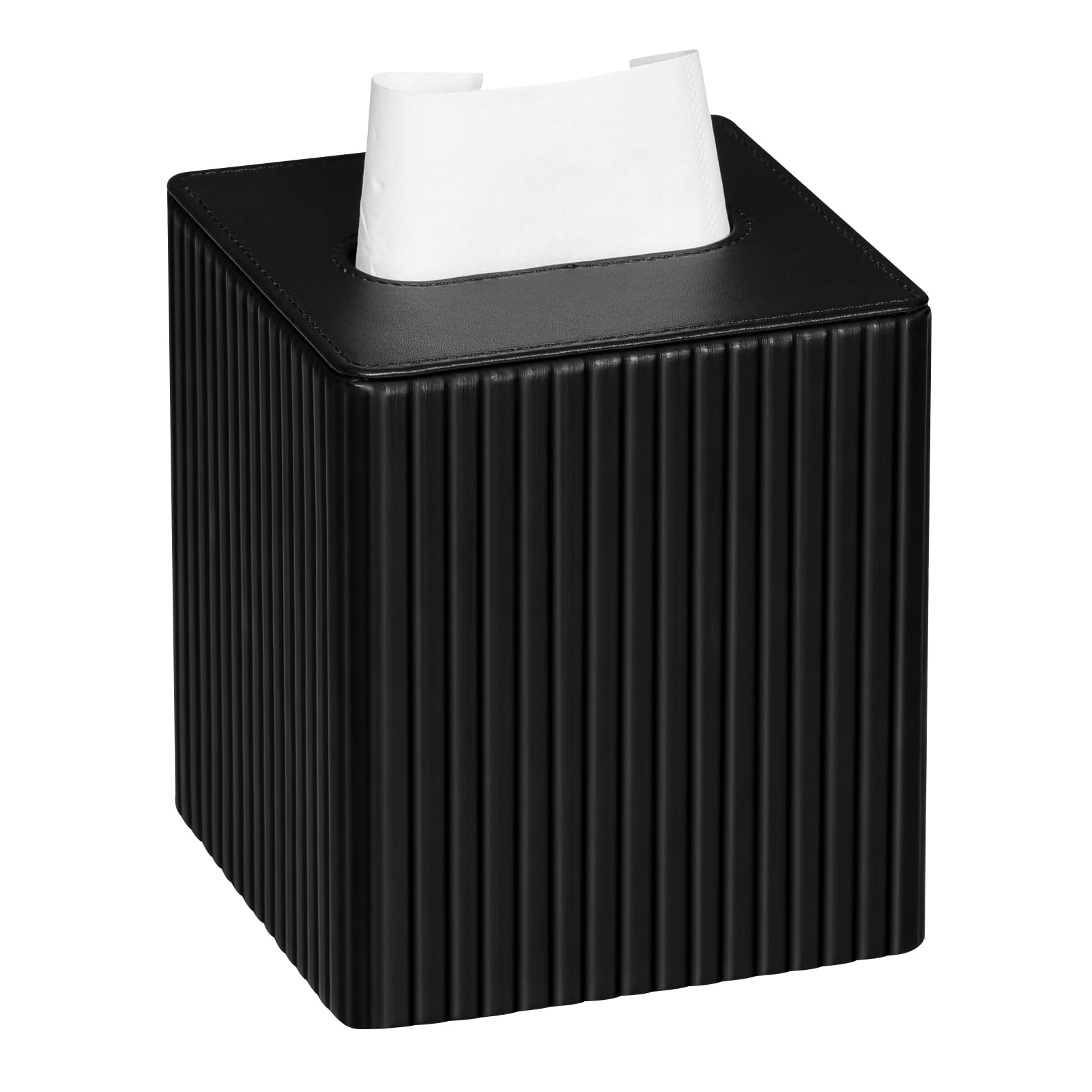 MEIBOOCH Tissue Box Cover Stylish PU Leather Square Tissue Box Holder with Magnetic Bottom for Bathroom Bedroom or Office (Black Stripe) — image 1