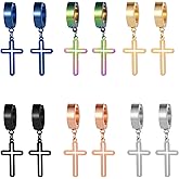 Rofusn Men's Womens Non-pierced Clip on Hollow Cross Dangle Hoop Earrings, Stainless Steel Hinged Cross Ring Gauges Drop Earrings(6Pairs-Hollow)