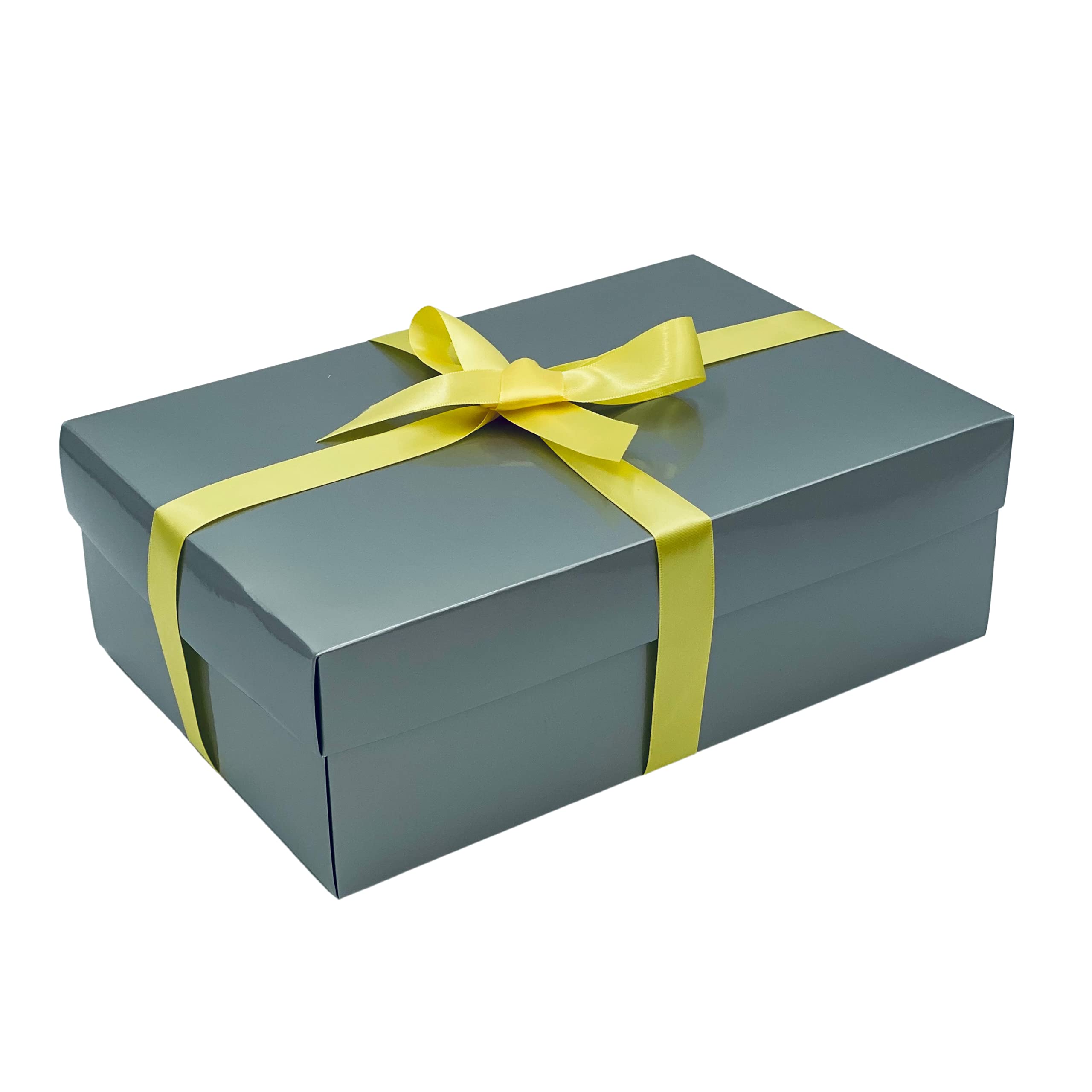 Silver Gift Box with Lid | Pick Your Ribbon Colour | Large Memory or Hamper Boxes | Flat-Packed Gift Boxes for Presents, Birthday or Baby Gifts | Size 30x20x10cm (Yellow Ribbon 12)