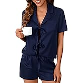 Rooscier Women's Silk Satin pajamas set Two Piece Tie Knot Front Short Sleeve Tops with Shorts Cute Sleepwear