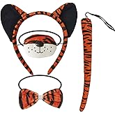4-Piece Tiger Ears Tie and Tail Costume Accessory Set - Tiger Ears Headband, Bow Tie, Tail, and Nose Mask for Halloween, Dress-Up Parties, Cosplay, and Animal-Themed Party Supplies for Adults Kids
