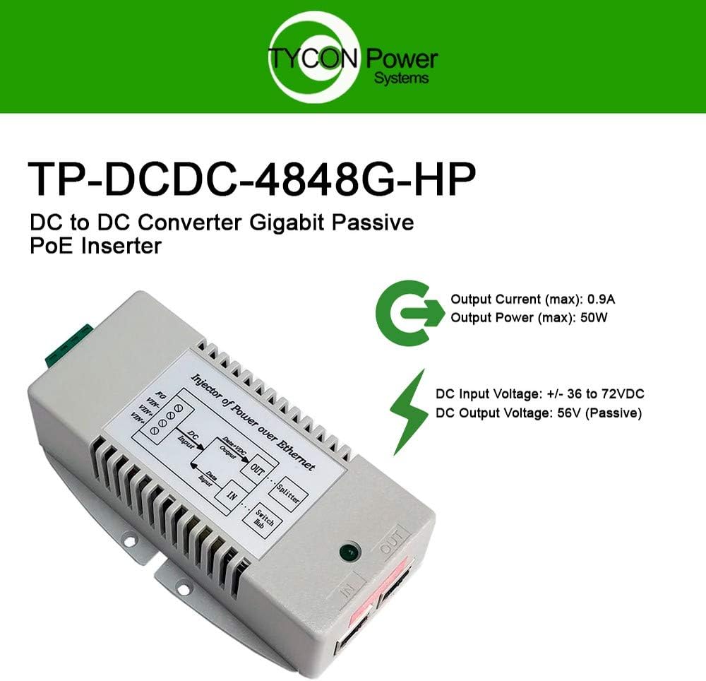 +/-36-72VDC Wire Terminal Input, High Power DCDC Converter/56V 50W GigE Passive PoE Inserter, PoE Pinout: 4,5V+ ; 7,8V-, Shielded/Surge Protected, Isolated Input to Output, Low Voltage Disconnect