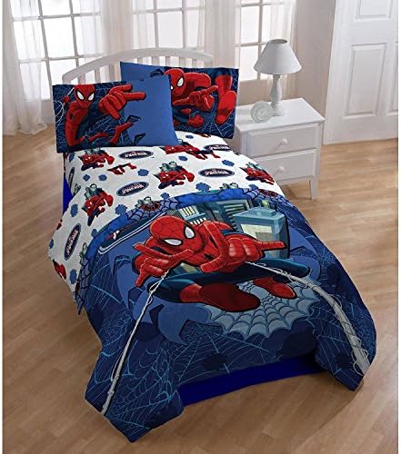 3pc Kids SpiderMan Themed Sheets Twin Set, Red Blue Vibrant Colors, Abstract Animated, Pretty Superheroes Character Pattern, Unisex, Spider CobWeb Printed Bedding