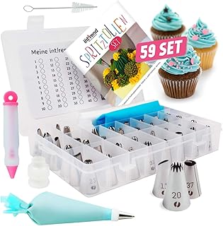 int!rend 59-Teiliges Spritztüllen Set Profi, 42 nummerierte Edelstahl Spritztüllen, 2 Silikonbeutel, 10 Spritzbeutel, Reinigungsbürste, Deko-Spritze u. Broschüre