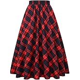 IDEALSANXUN Women’s Plaid Skirt Elastic Waist A-line Midi Pleated Skirts