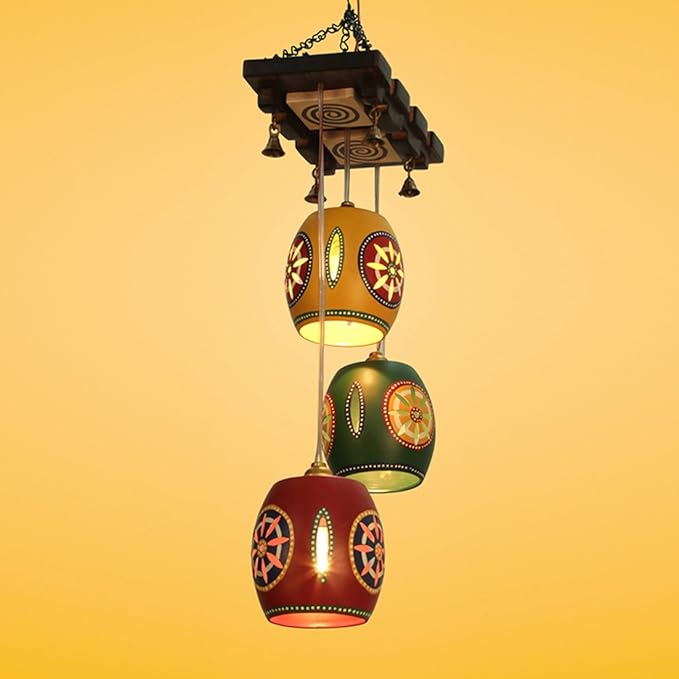 ExclusiveLane Barrel Shaped Chandelier with Metal Hanging Shades (3 Shades)- Ceiling Light Lamps for Living Room Hanging Home Dcor Diwali Gift Chandeliers for Living Room