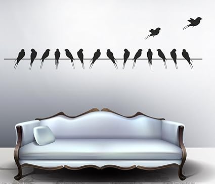 Decals Design Beautiful Long Tail Birds on Wire Wall Sticker (PVC Vinyl, 70 cm x 25 cm, Black)