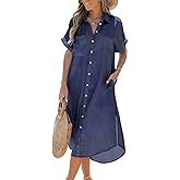 CUPSHE Women's Dress Short Sleeve Button Down Dress V Neck Casual Shirt Midi Dresses Indigo Blue