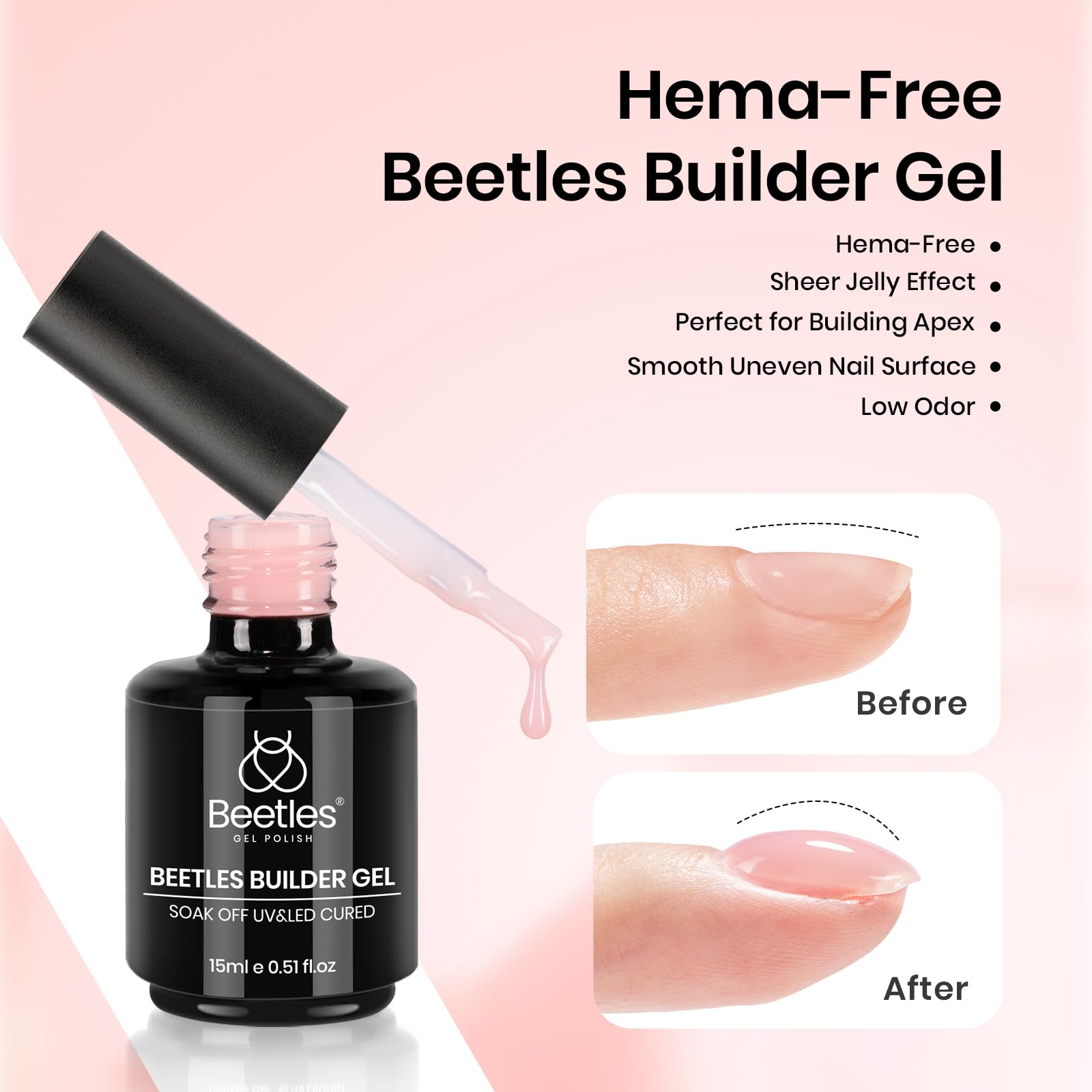Beetles Hema Free Pink Builder Gel with No Wipe Gel Top Coat and Base Coat Shine Finish and Long Lasting, Soak Off LED Jelly Nude Builder Nail Strengthener Extension Thickening & Repair - Image 3