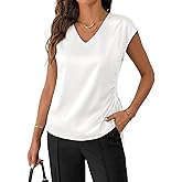 EVALESS Satin Blouses for Women Dressy Casual Silk V Neck Cap Sleeve Pleated Shirts Business Work Tops