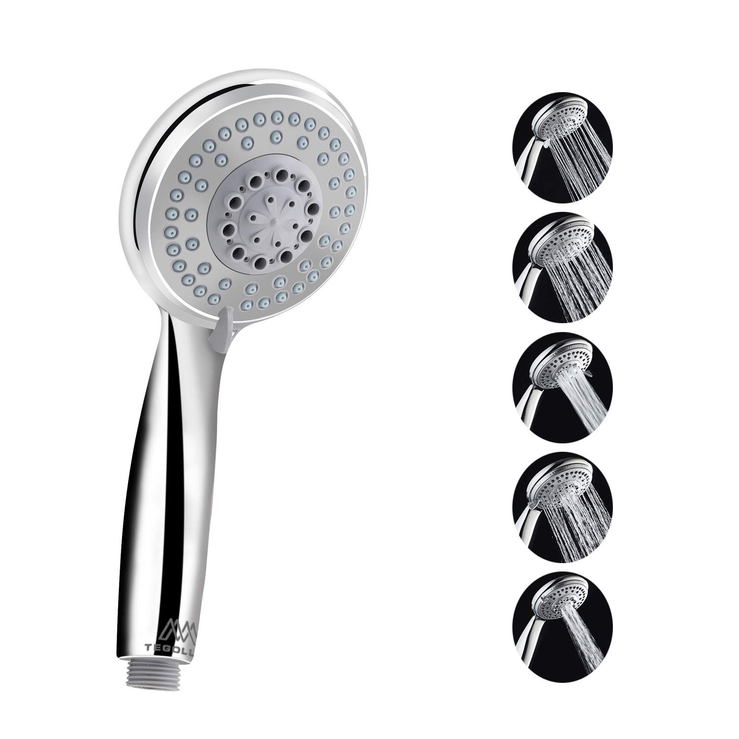 Tegollus 5 Spray Spa, Self Cleaning Never Clog Patented Technology Handheld, Universal Shower Head for Hard Water, Silver