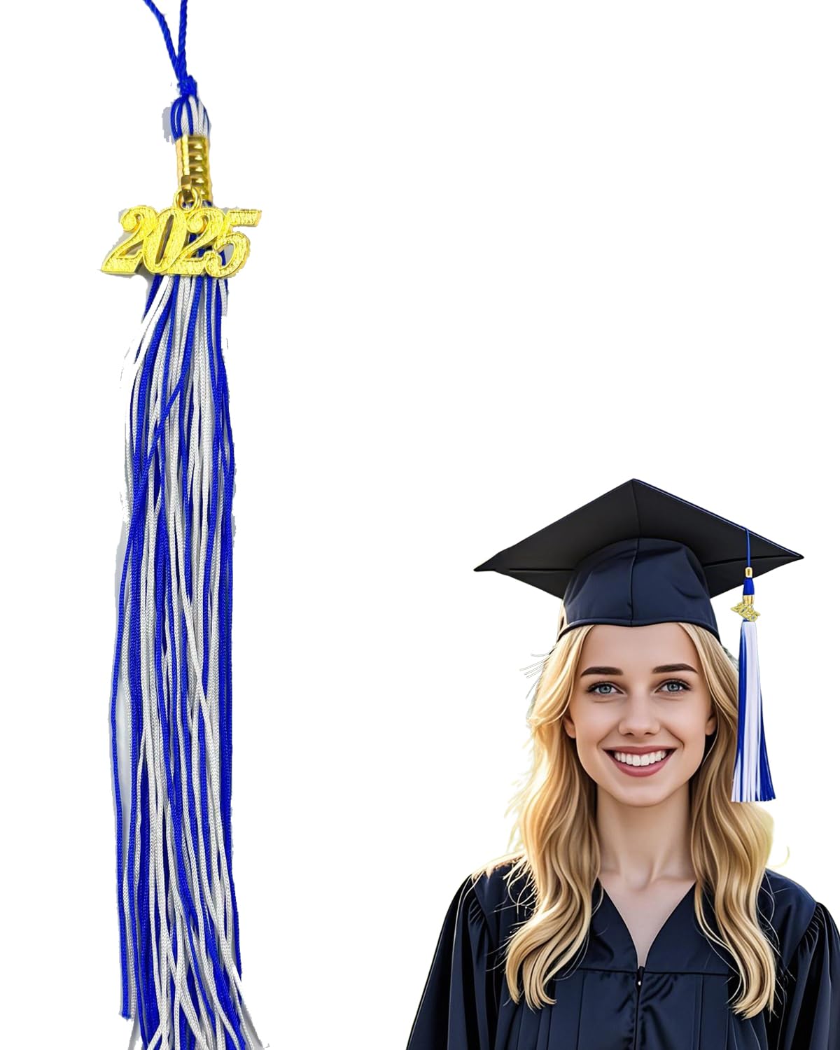 Photo 1 of  *** BUNDLE OF 4  *** NXRACSH 2025 Tassel Graduation, 16.14 inch for Graduation Cap with 2025 Charm,Blue and White Class of 2025 Tassel for Hat Decorations Gifts